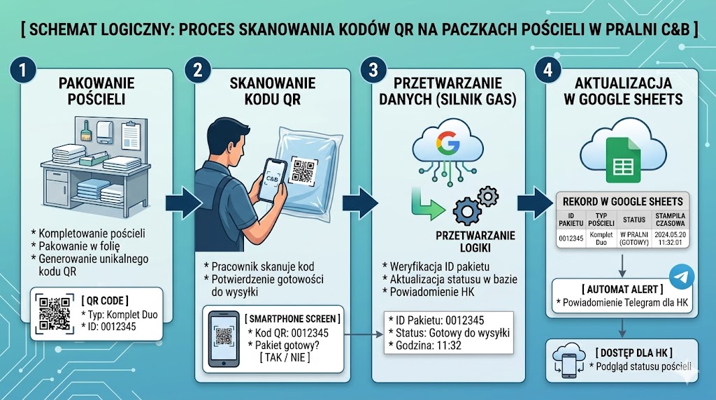 Proces skanowania kodów QR w pralni